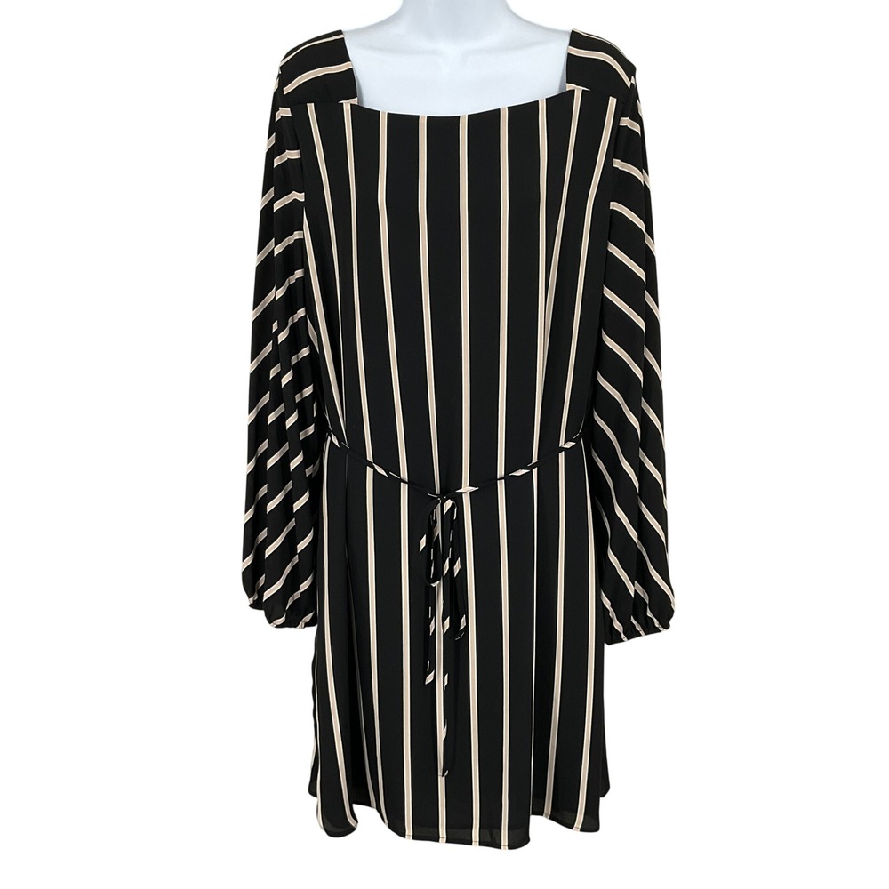 LOFT Striped Dress Womens Sz L Black Square Neck Belted Professional Minimalist